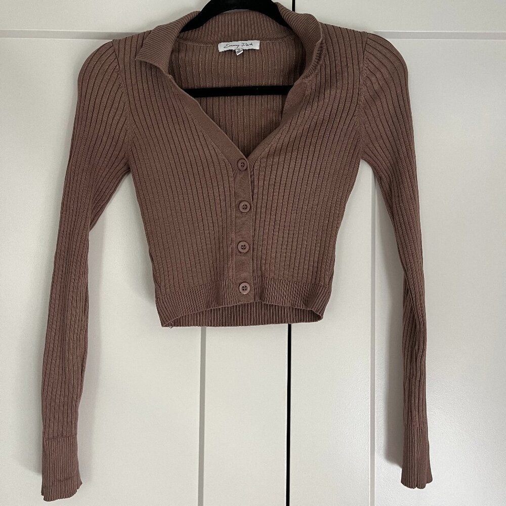 Emory Park Brown Ribbed Cropped Cardigan Size S Button Front V-Neck Long Sleeve